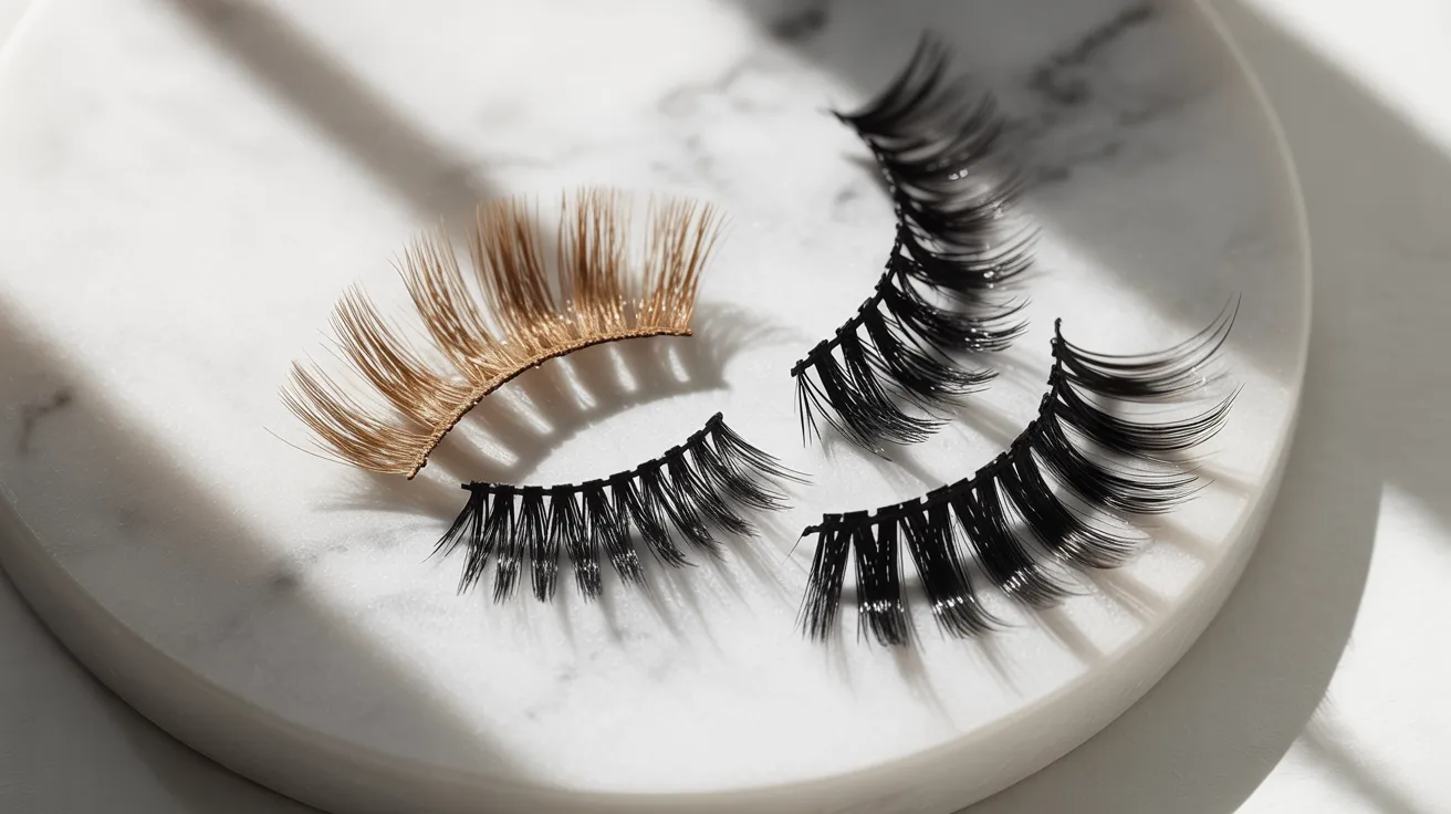 Two pairs of false eyelashes displayed on a smooth marble surface, showcasing their intricate designs and textures.