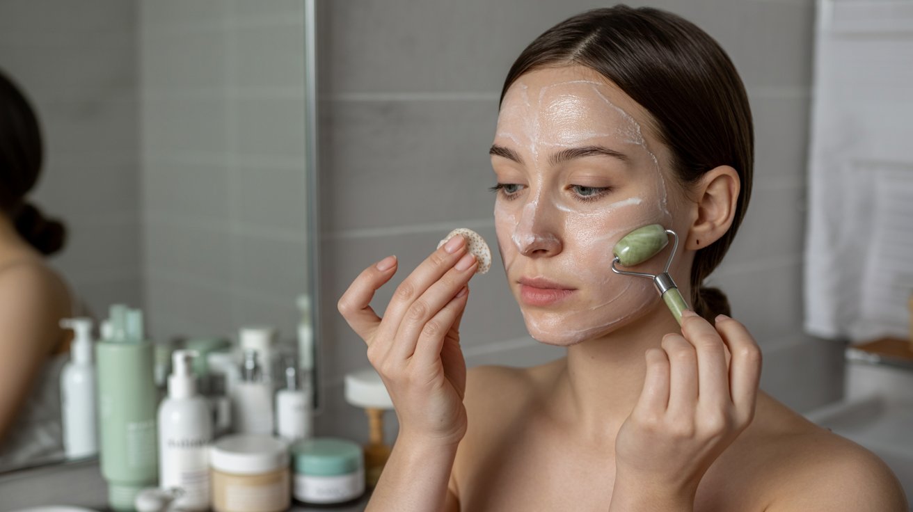A woman applying a green facial mask to her face, focusing on skincare in a bright, well-lit bathroom.