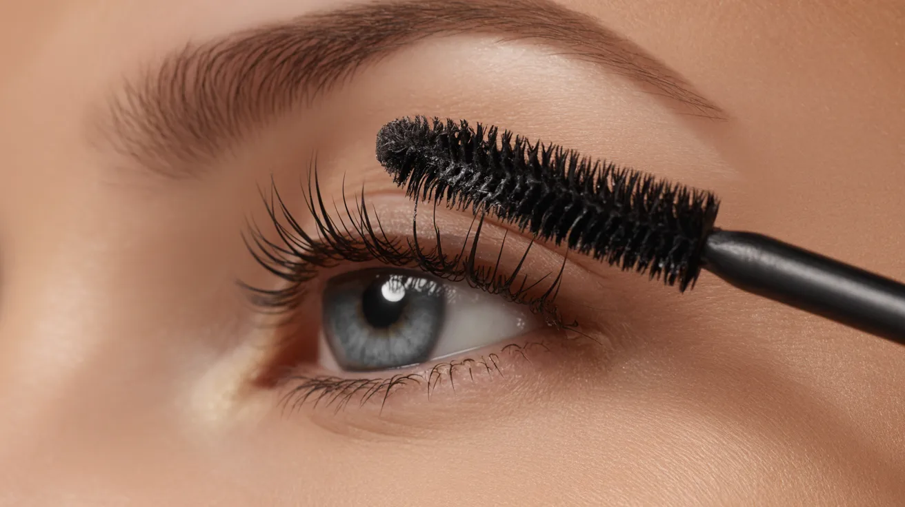 Close-up of a person's eye with mascara being applied to long, curled eyelashes. The image conveys focus, precision, and beauty care.