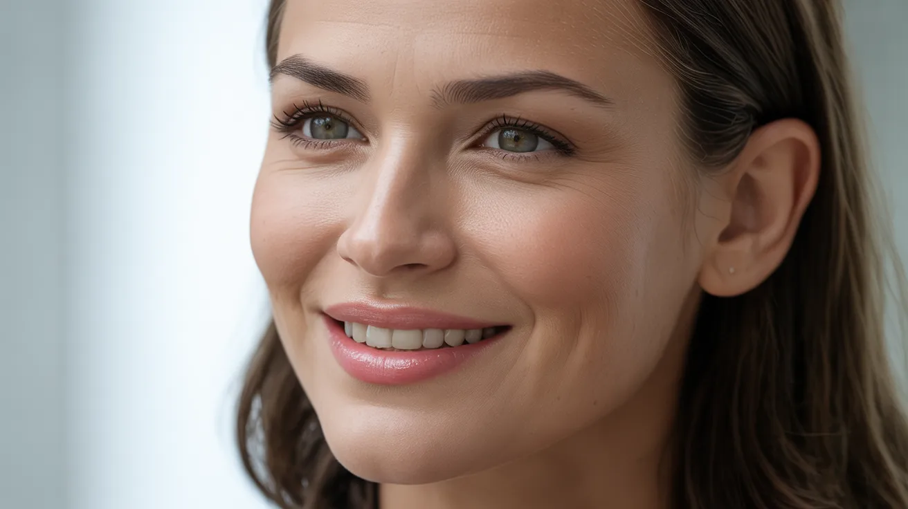 A woman with her eyes closed, smiling warmly, conveying happiness and serenity.
