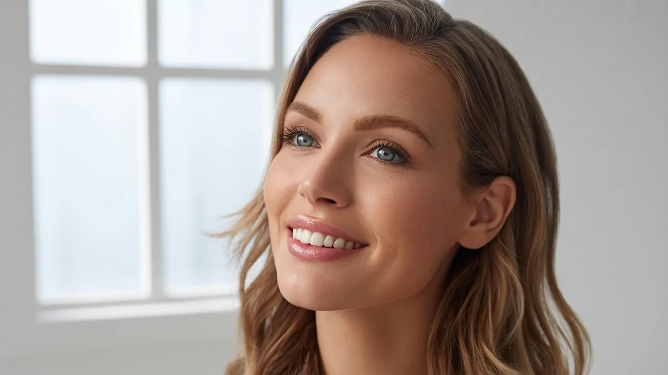 A woman with blue eyes smiling warmly at the camera.