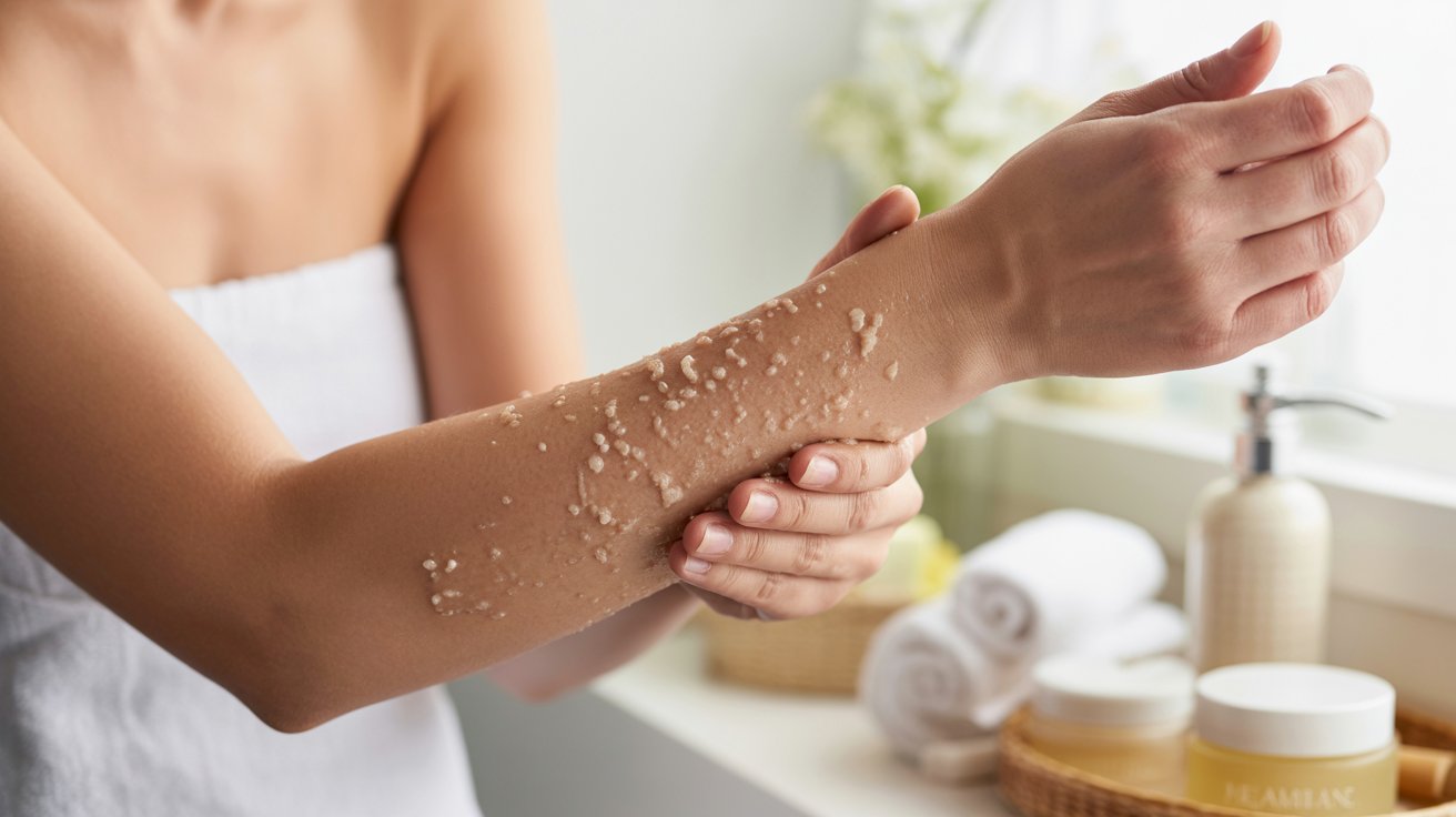 A woman is seen applying a moisturizing cream to her arm, emphasizing personal care.