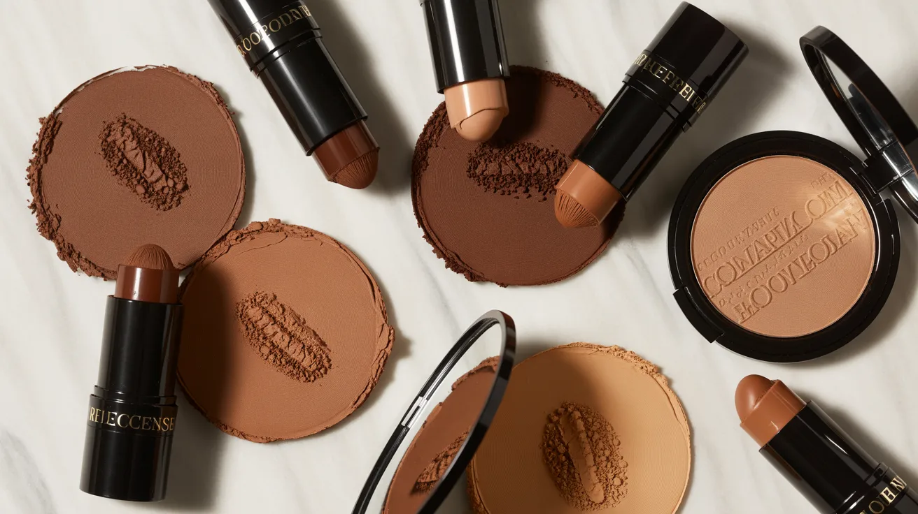 Various shades of contour makeup, including sticks and powders, are arranged on a light surface. The tones range from deep brown to beige.