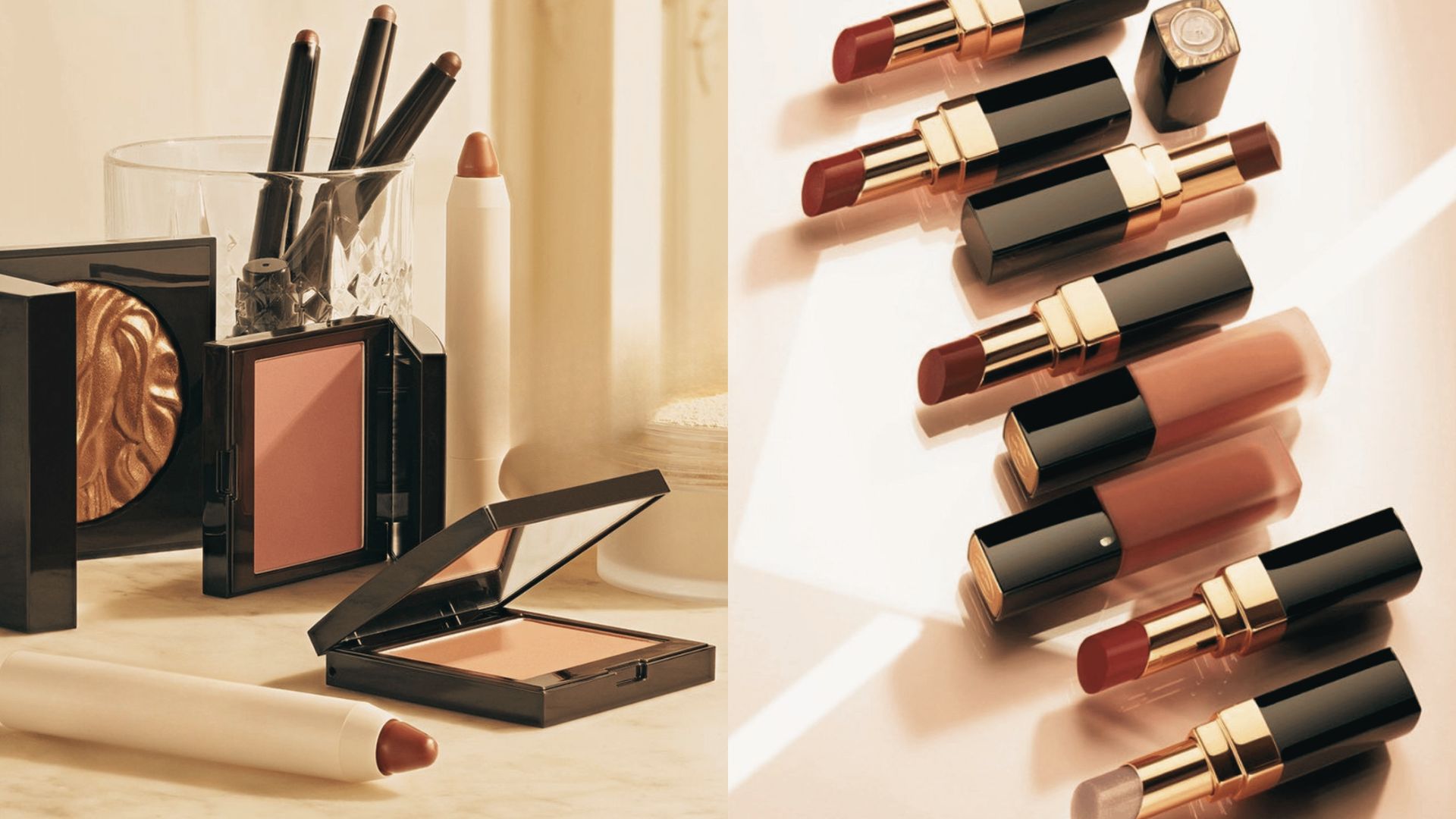 An assortment of makeup items and brushes displayed together, highlighting different shades and application tools.