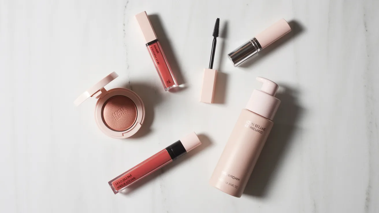 A flat lay of vibrant spring makeup products, including lipsticks, eyeshadows, and blushes, arranged on a pastel background.