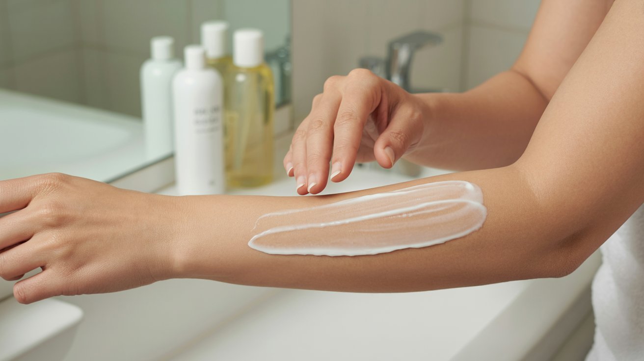 A woman applying cream to her arm, focusing on skincare and self-care routines.