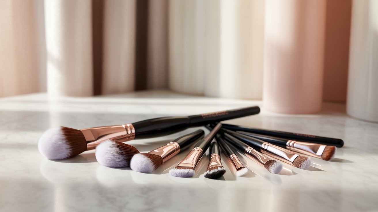A set of makeup brushes arranged neatly on a wooden table, showcasing various sizes and shapes.