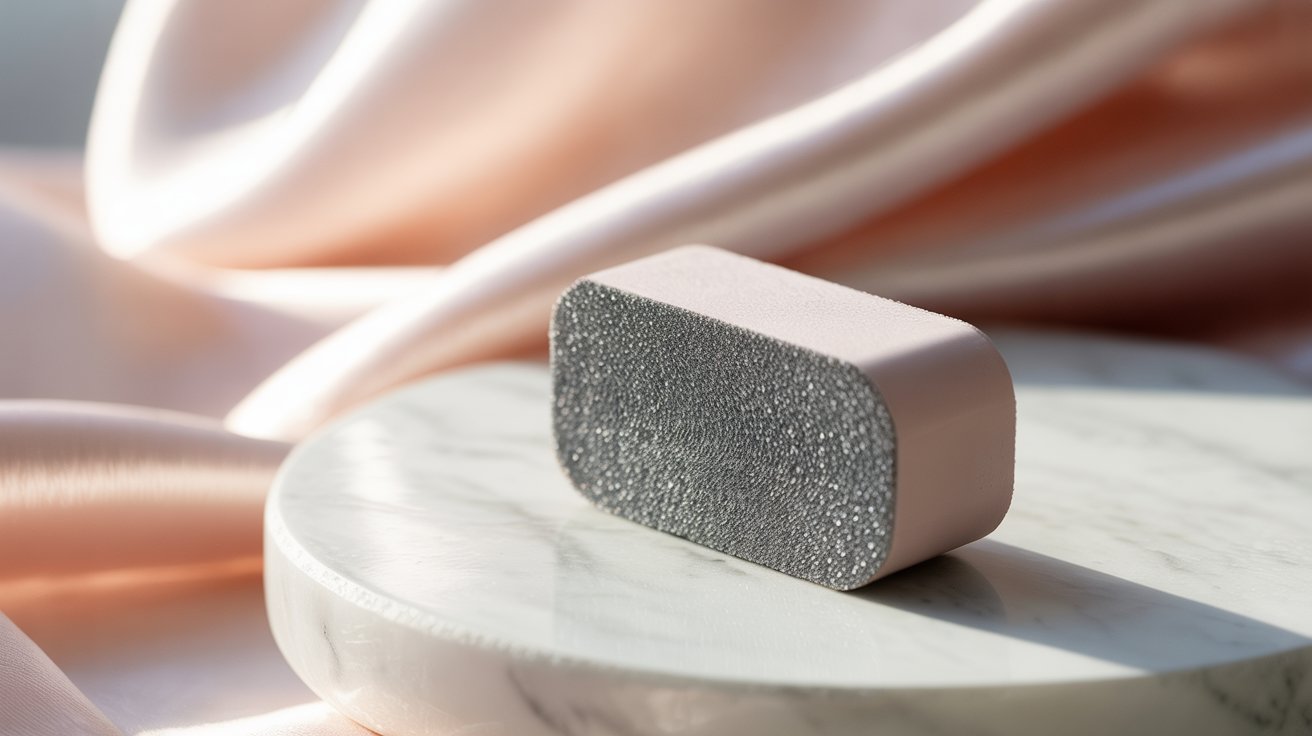 A pink, rectangular pumice stone with a textured surface is placed on a round marble platform. The background features soft, flowing pink satin fabric, creating an elegant and serene atmosphere.