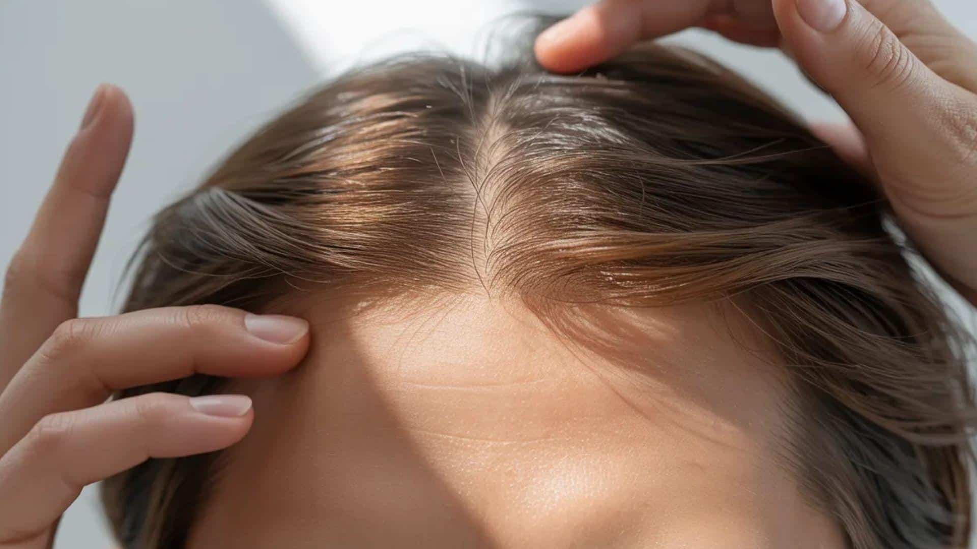 A woman is using her hands to comb her hair, showcasing a natural grooming routine.