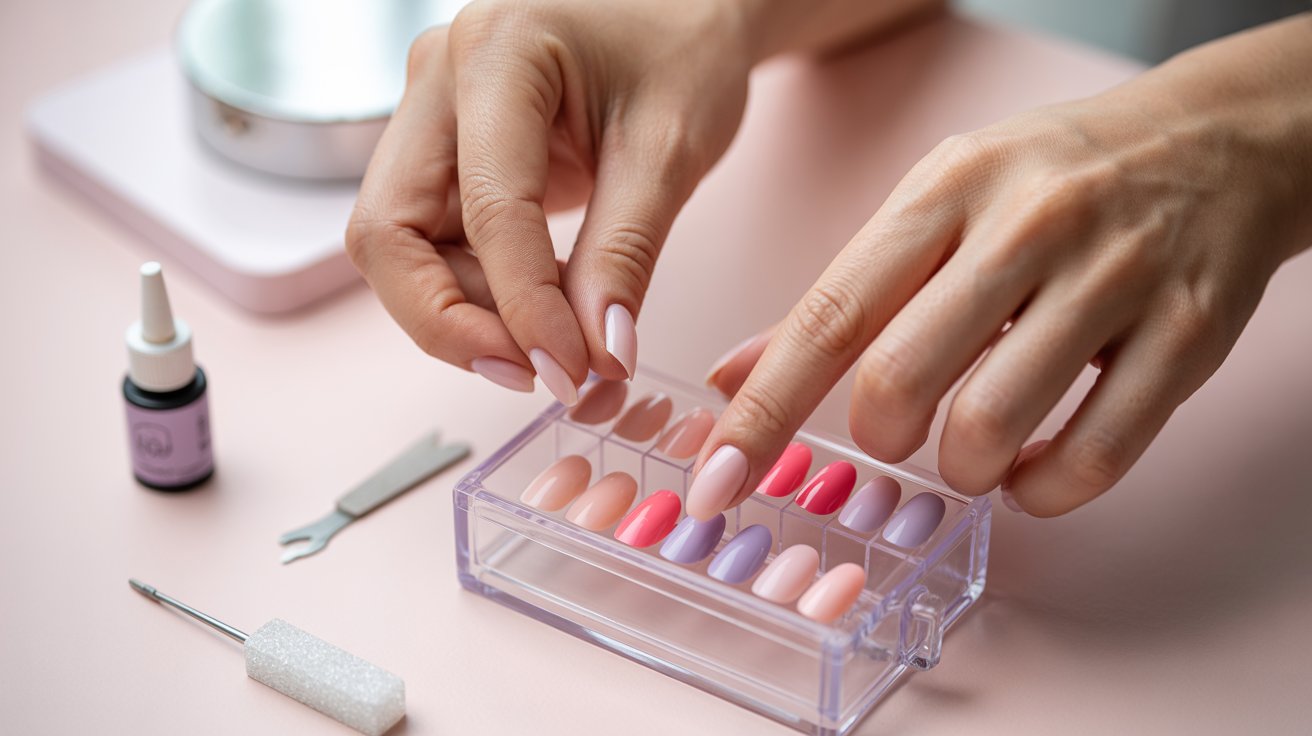 A woman carefully applies bright nail polish to her fingernails, showcasing her attention to detail in personal grooming.