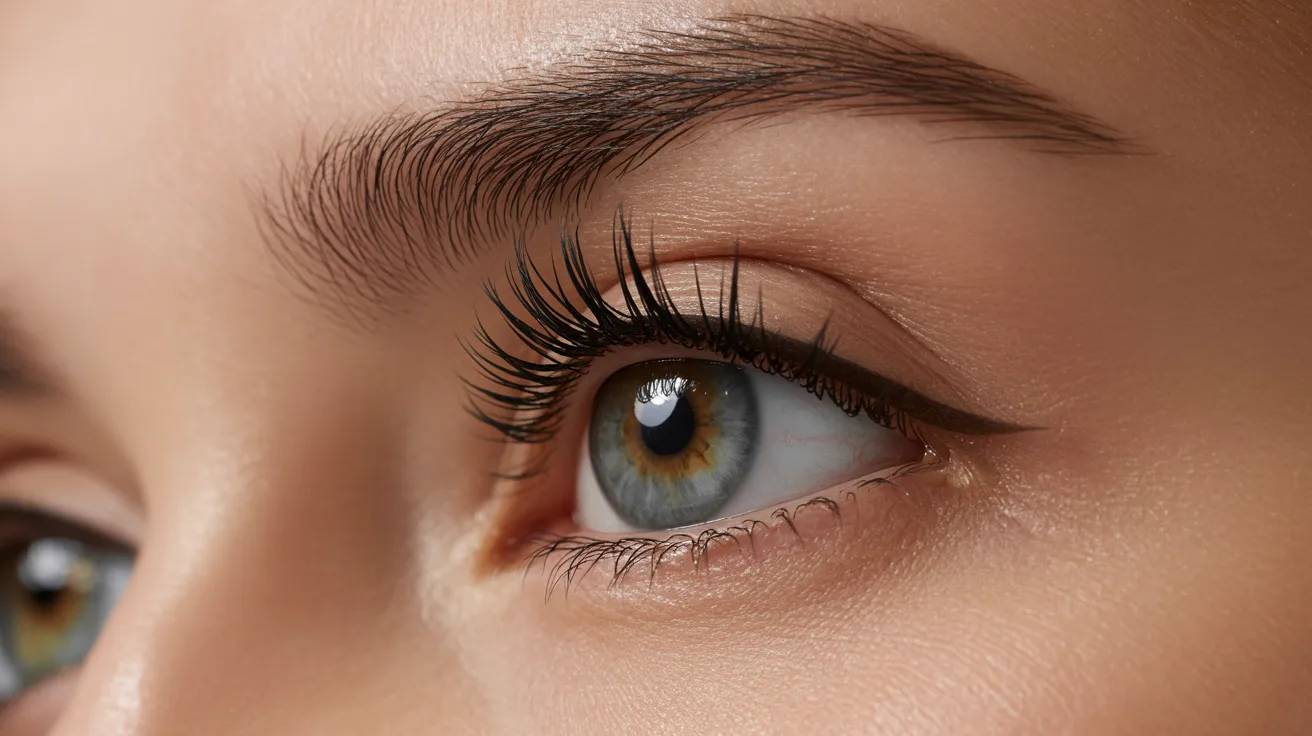 A close-up of a woman's eye showcasing long, elegant eyelashes against a soft background.