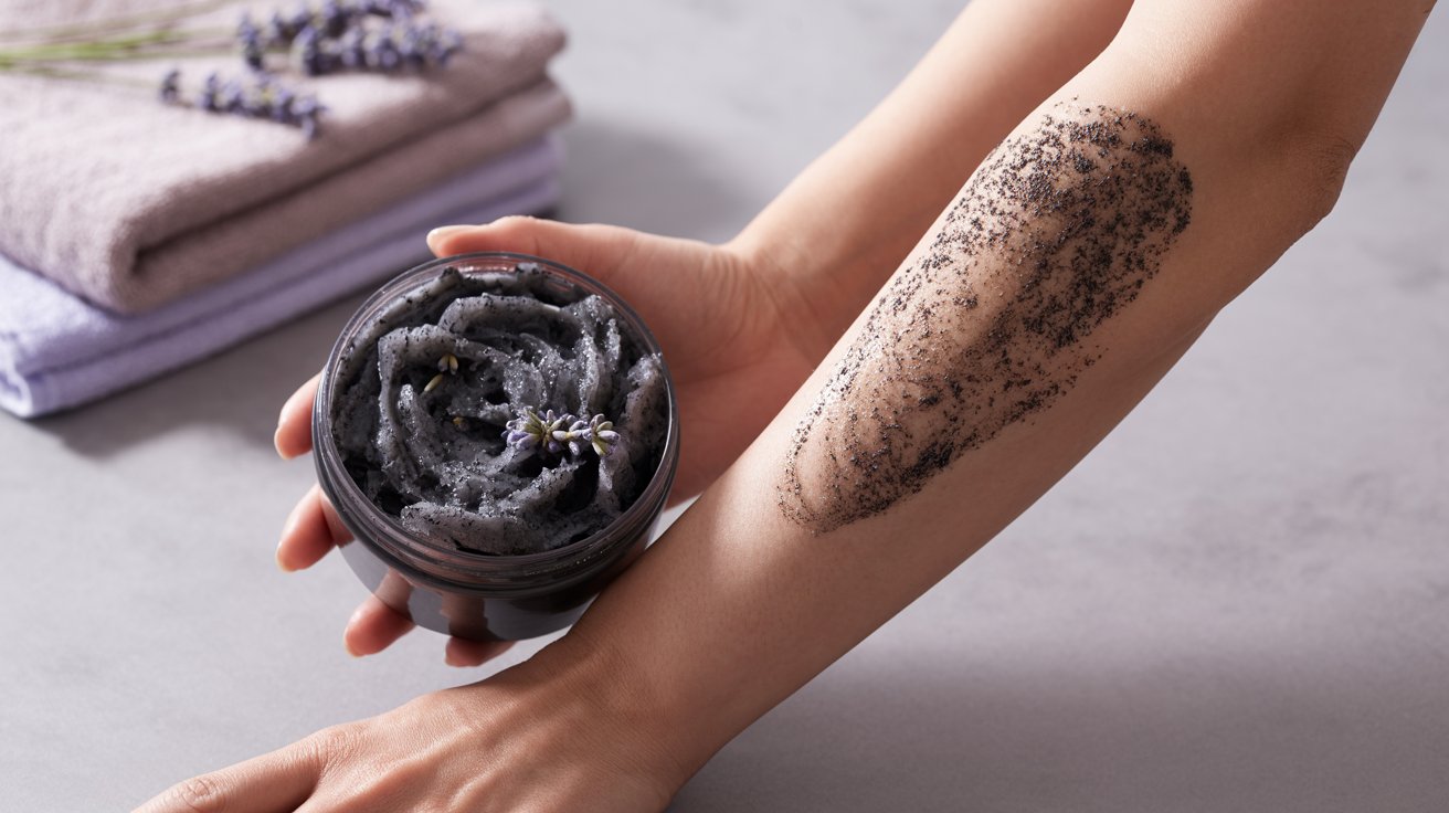 A person holds a jar of black clay adorned with delicate lavender flowers, showcasing a blend of natural elements.