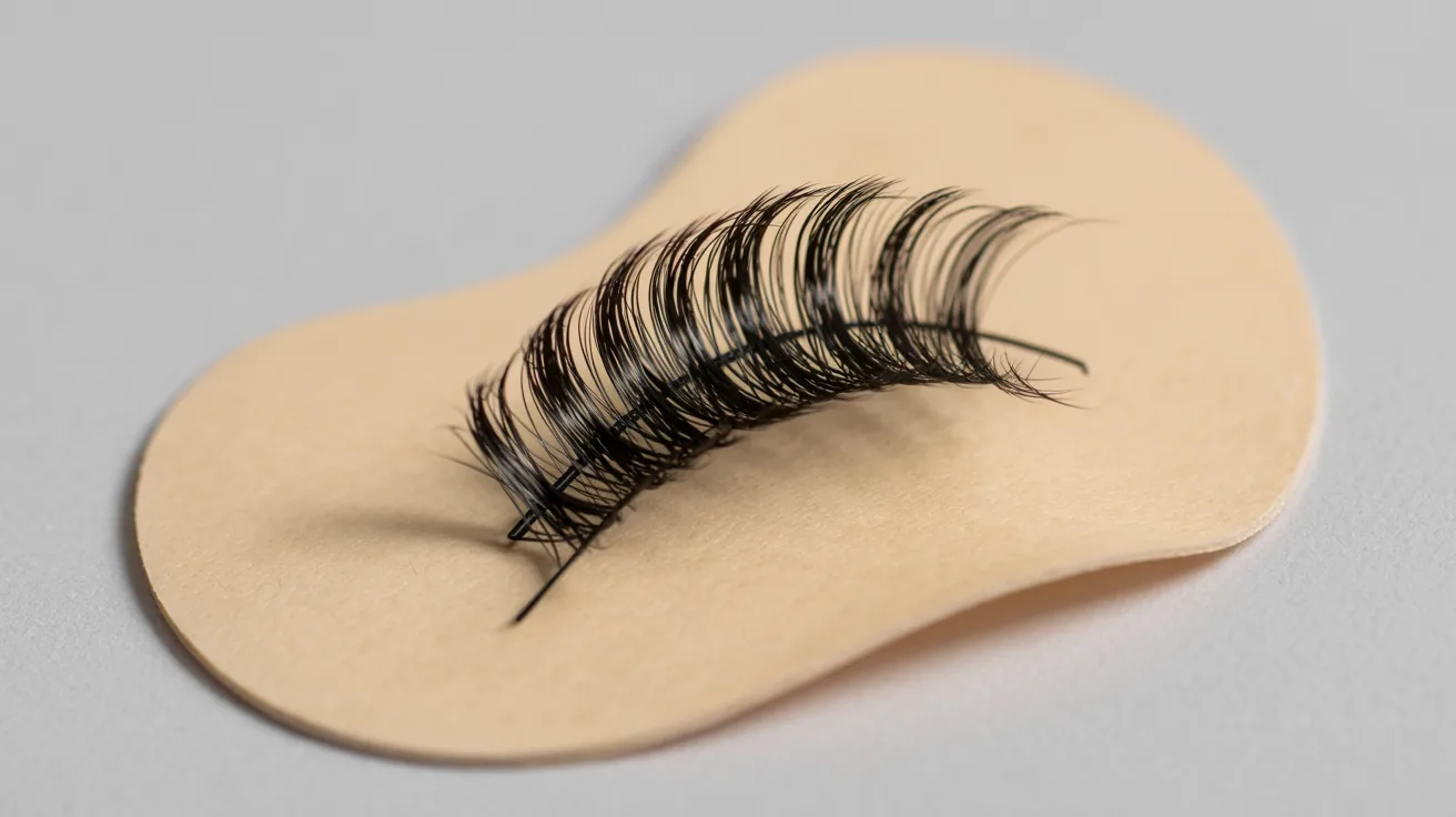 Close-up of a pair of black false eyelashes resting on a beige pad against a gray background. The lashes appear full and curved, conveying elegance.