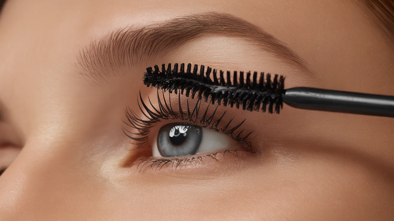 Close-up of a person applying black mascara to their eyelashes. The eye is open, showcasing long lashes, an arched eyebrow, and smooth skin.