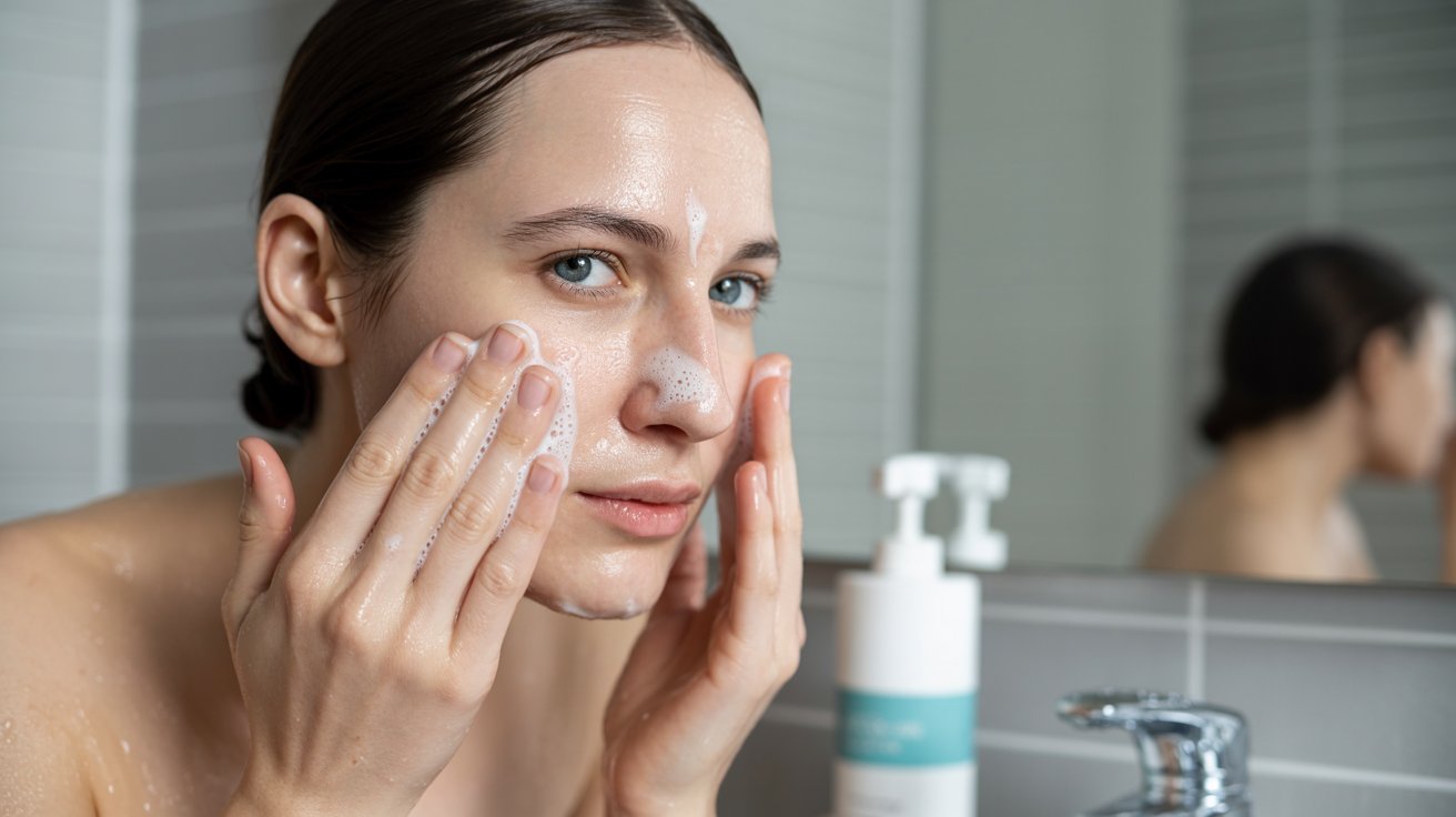 A woman is seen applying a facial cleanser to her face, emphasizing her skincare regimen.