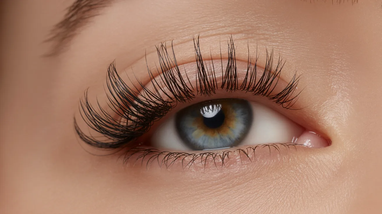 A close-up of a woman's eye showcasing long, elegant eyelashes against a soft background.
