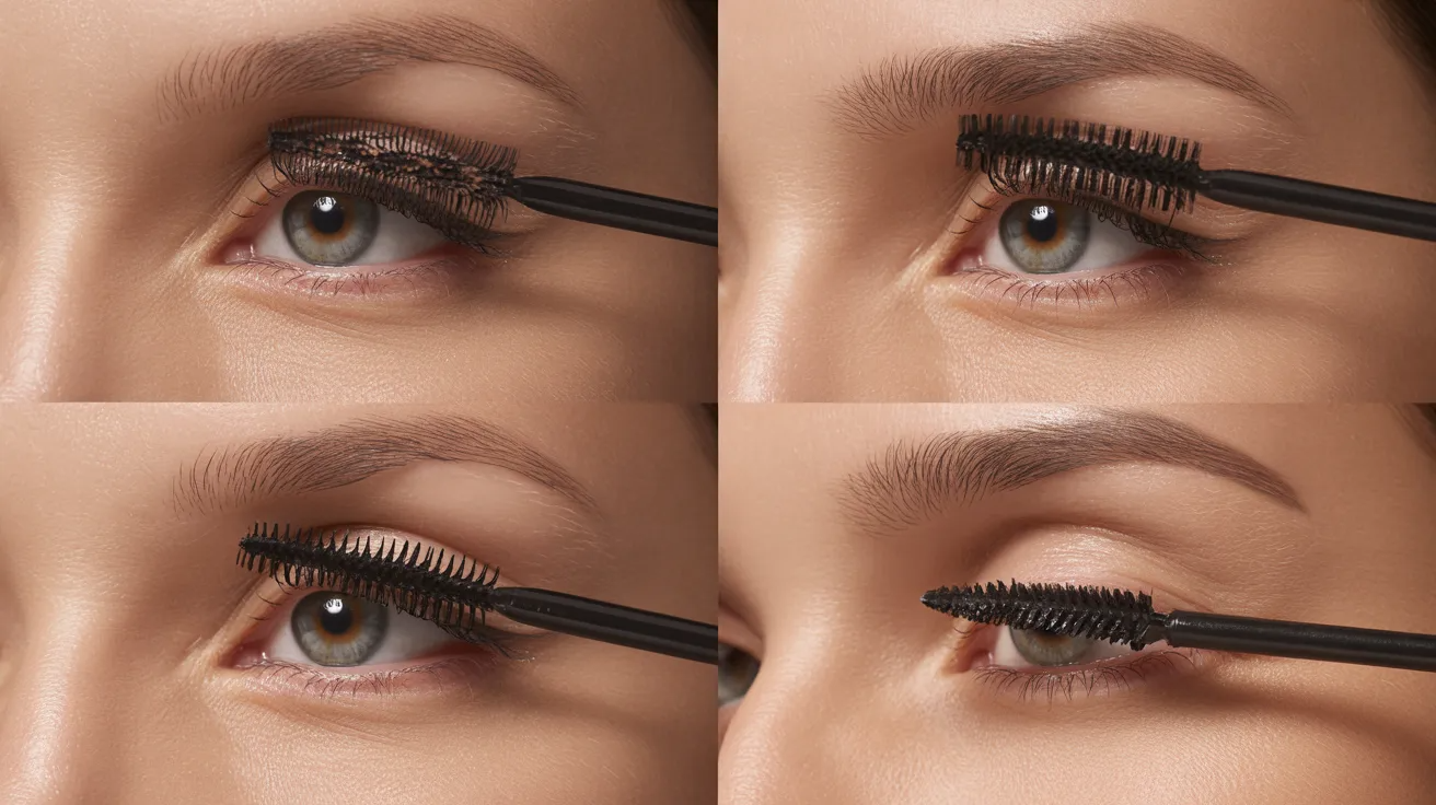 Close-up collage of a woman's eye, showing the application of mascara. The sequence captures the steps of using a mascara wand to enhance eyelashes. Neutral expression.
