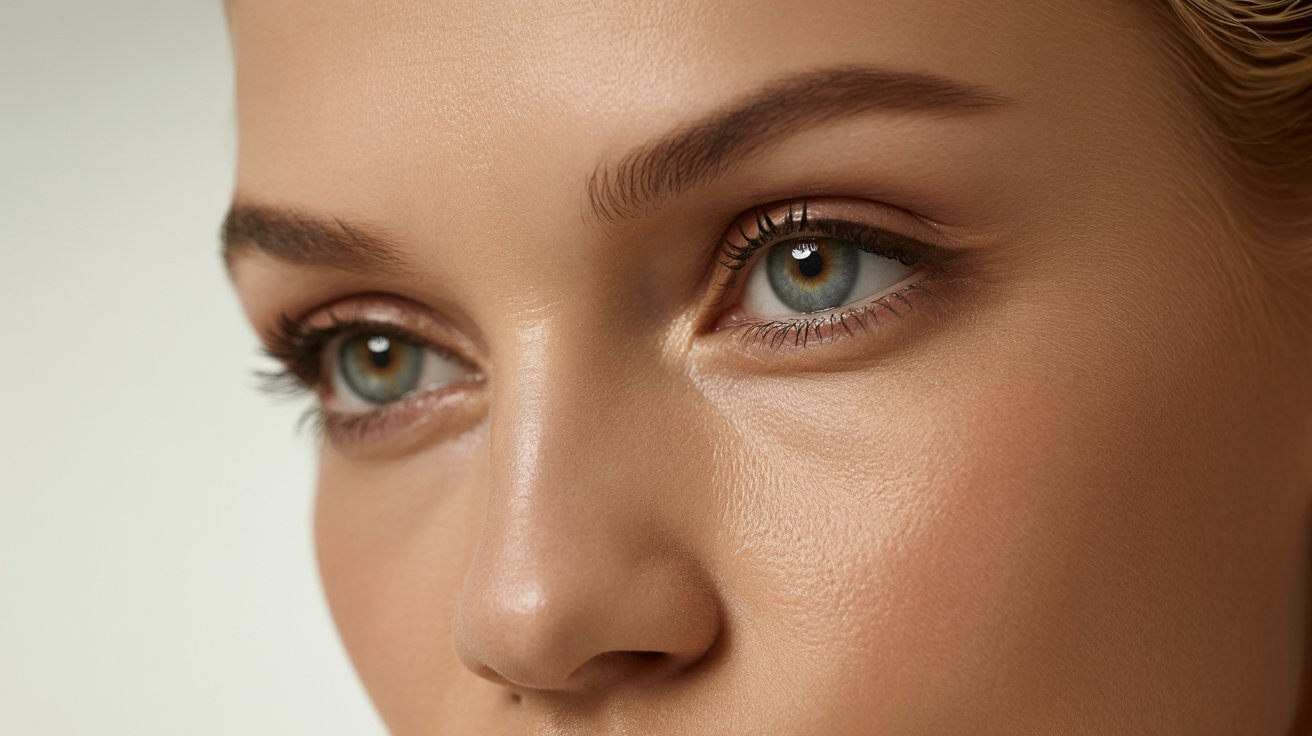 Close-up of a woman's face highlighting her striking blue eyes and soft features.