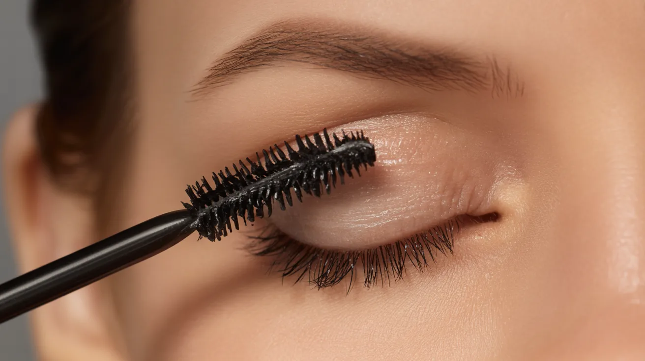 Close-up of a person applying black mascara on upper eyelashes, eyes closed. The scene conveys a focus on beauty and cosmetic care.
