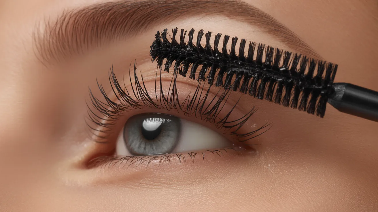 Close-up of a person applying black mascara to long eyelashes with a brush. The eye is open, showcasing well-defined lashes and a neatly shaped eyebrow.