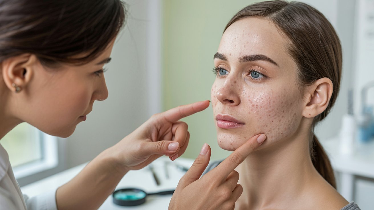 A doctor checking a woman's skin for health concerns during a medical appointment.s