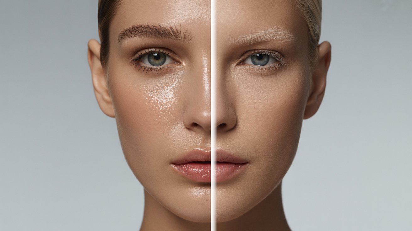 Two images of a woman showcasing different skin tones side by side for comparison.