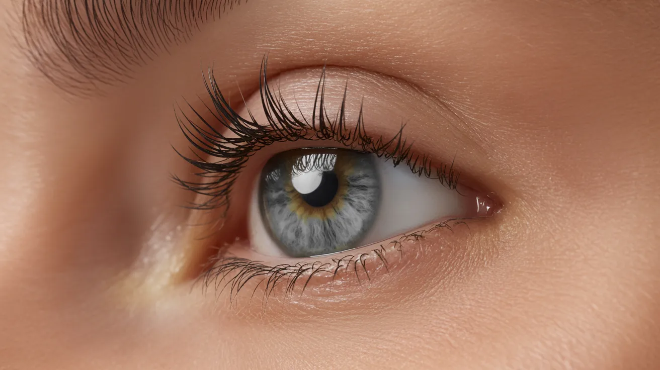 A close-up of a woman's eye showcasing long, elegant eyelashes against a soft background.