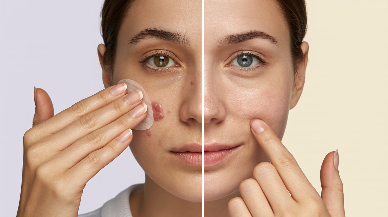 Two images of a woman showing varying degrees of acne on her face, highlighting skin texture and condition.