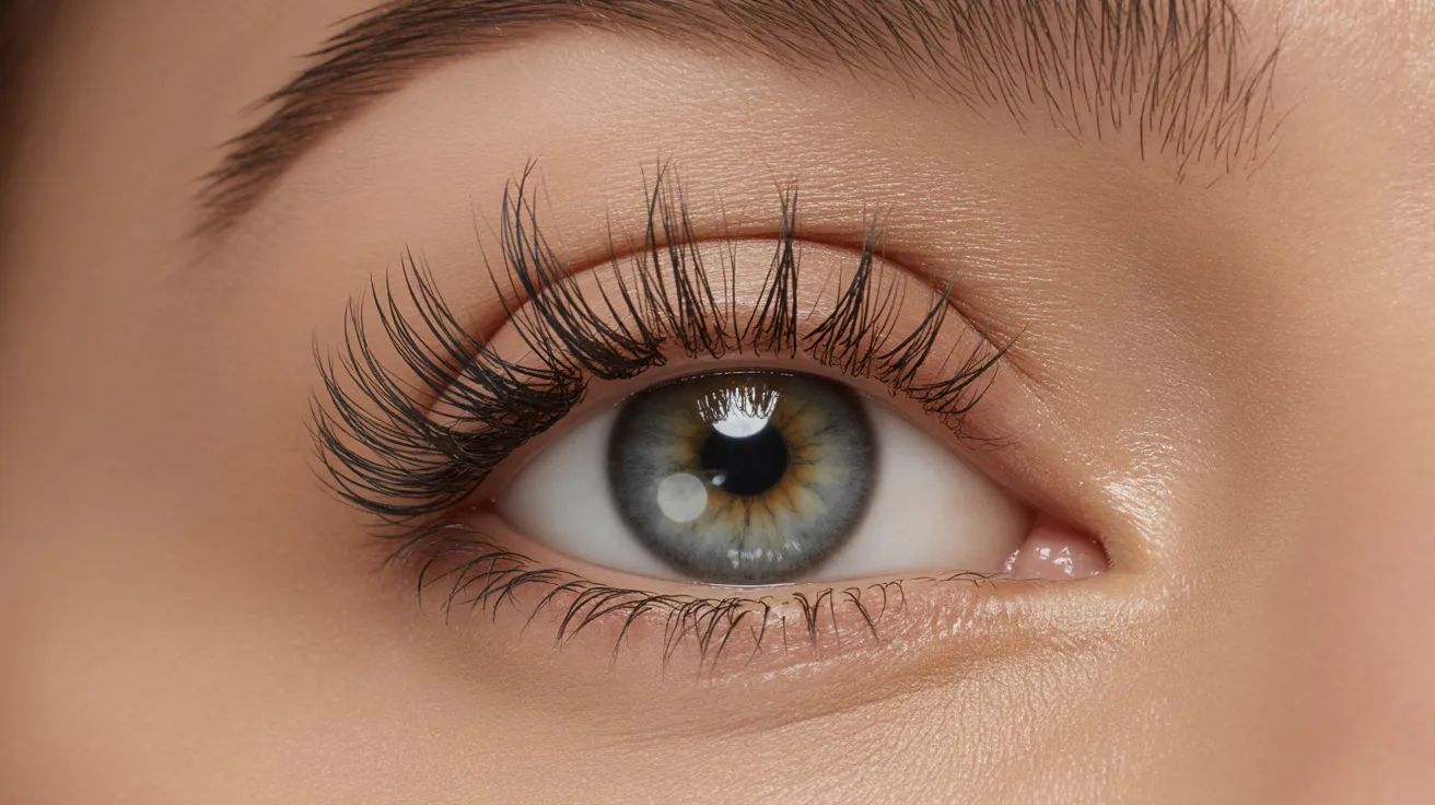 A close-up of a woman's eye showcasing long, elegant eyelashes against a soft background.