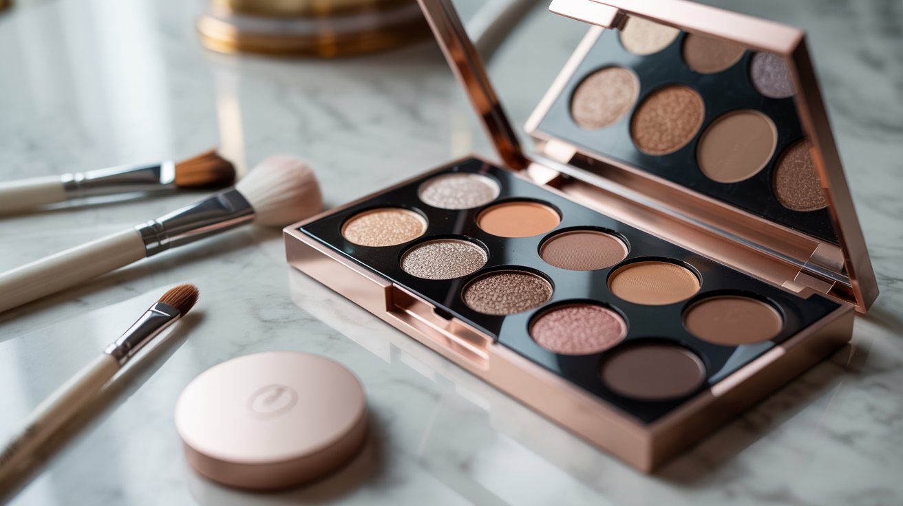 A makeup palette and brushes arranged neatly on a polished marble counter.