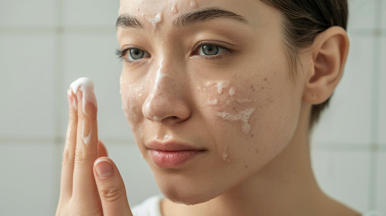 A woman applies cream to her face, focusing on skincare in a bright, well-lit bathroom setting.