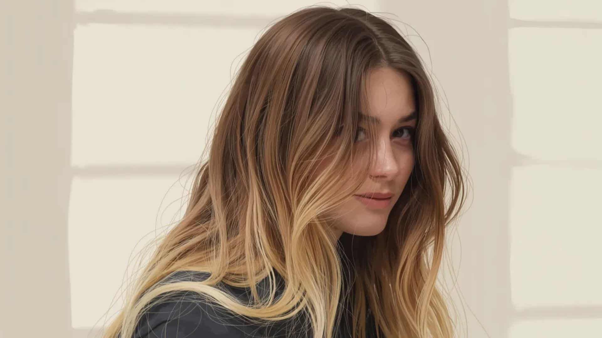 A woman with long hair in a black jacket is depicted, highlighting her fashionable appearance and self-assured demeanor.