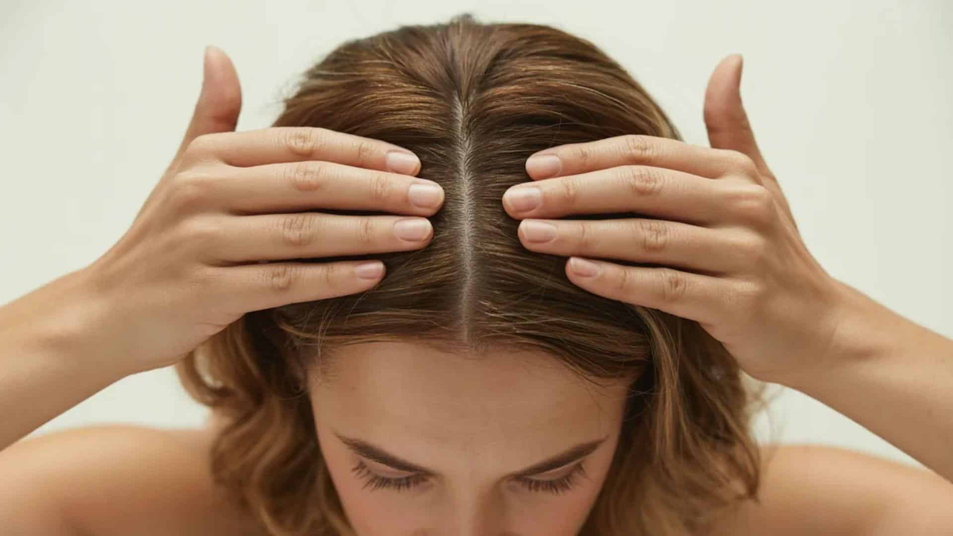 A woman gently touches her hair with both hands, showcasing a moment of contemplation or self-care.