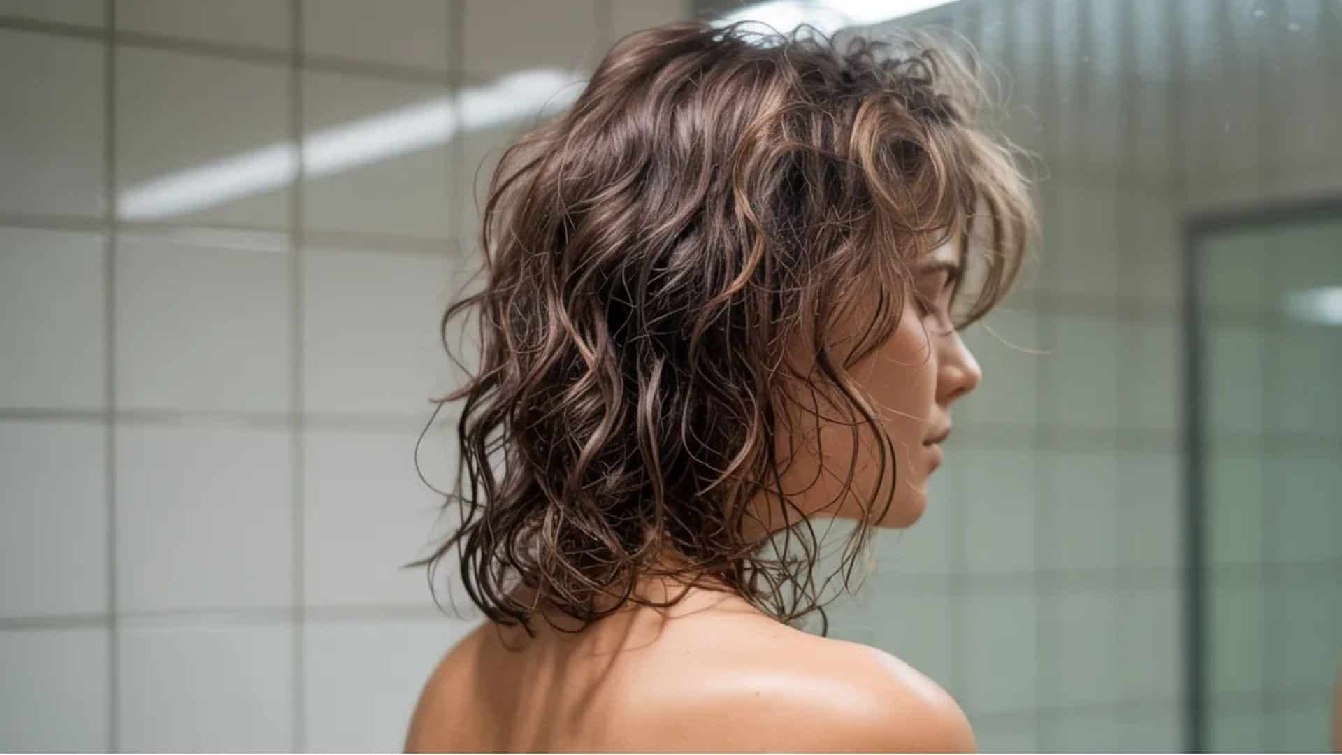 A woman with long hair stands in front of a mirror, gazing at her reflection with a thoughtful expression.