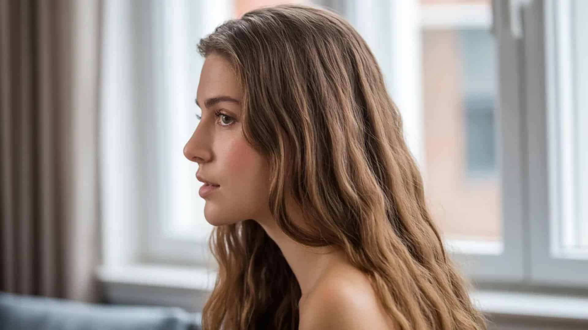 A woman with long hair is sitting comfortably on a couch, looking relaxed and engaged in her surroundings.