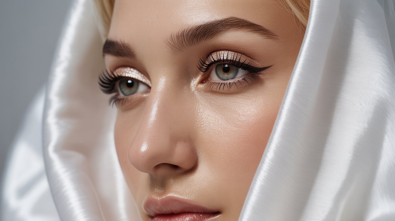 A woman with long eyelashes and striking white makeup, showcasing a bold and artistic beauty look.