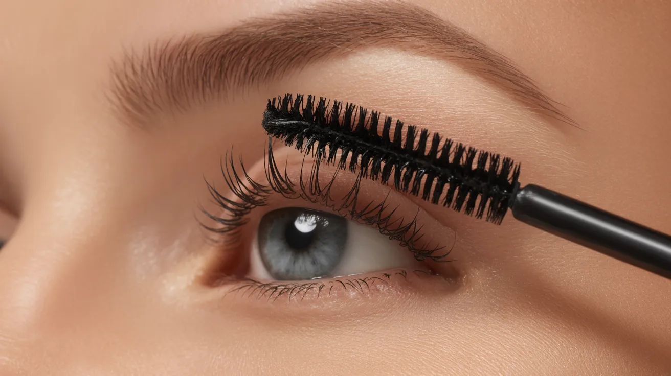 A close-up of a person applying black mascara on their upper eyelashes. The focus is on their blue eye, well-groomed eyebrow, and mascara brush.