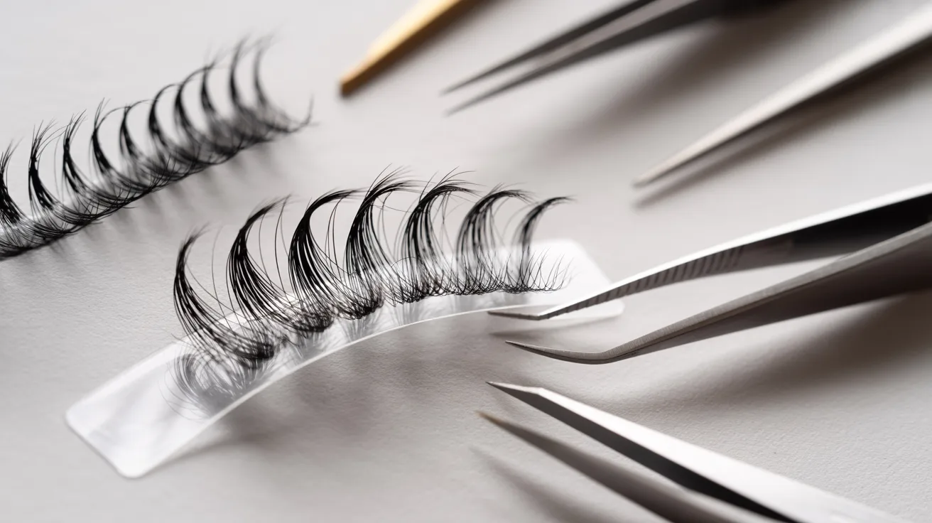Eyelash extensions and false eyelashes arranged neatly on a white surface, showcasing various styles and lengths.