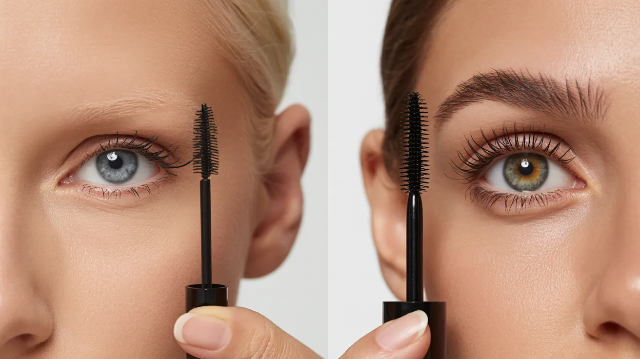 Close-up of two eyes, each with a mascara wand. The left shows a blue eye, and the right a brown eye, highlighting long, defined lashes.