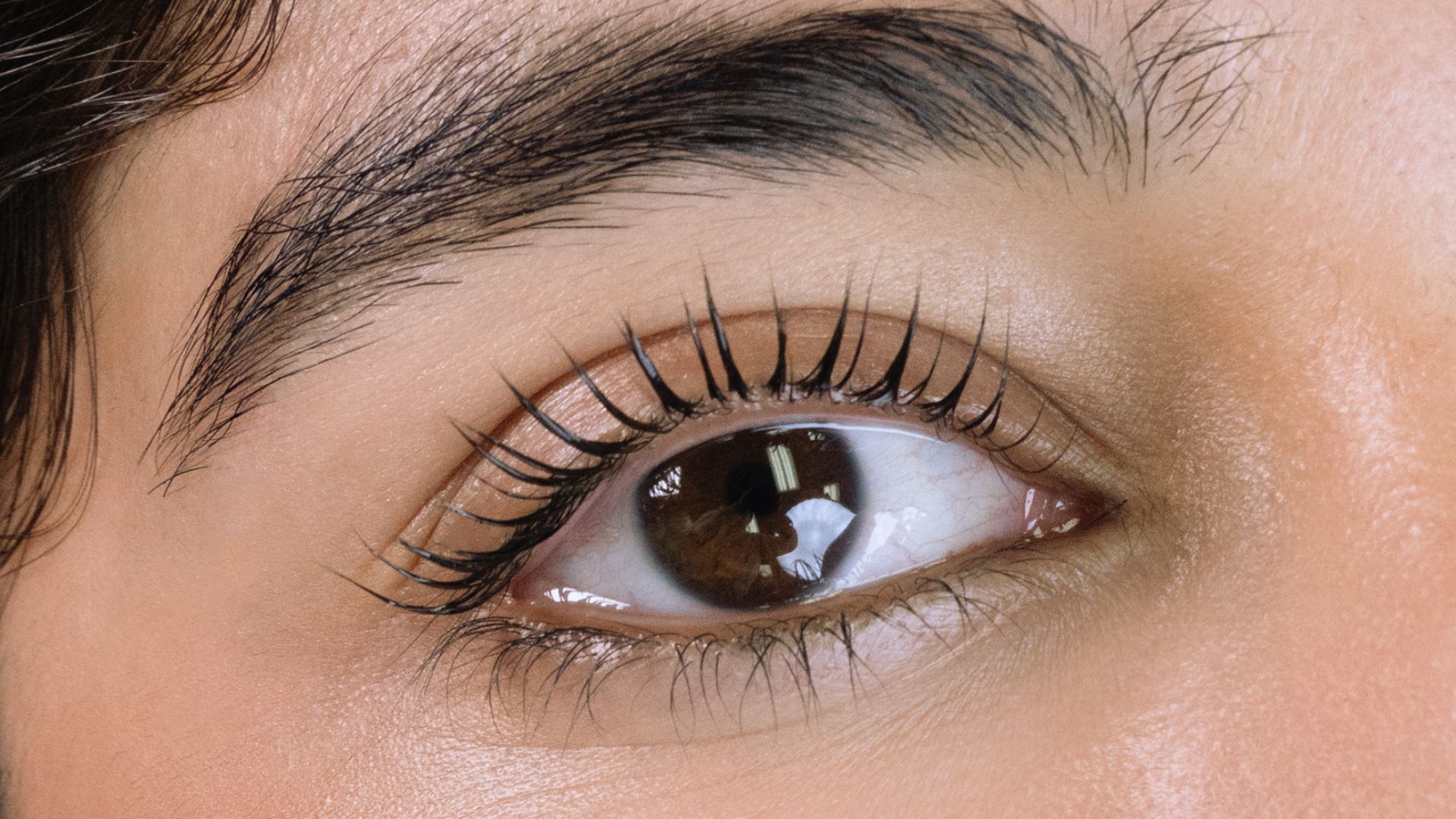Detailed view of a woman's eye with striking long eyelashes, highlighting the natural beauty and texture of the iris.