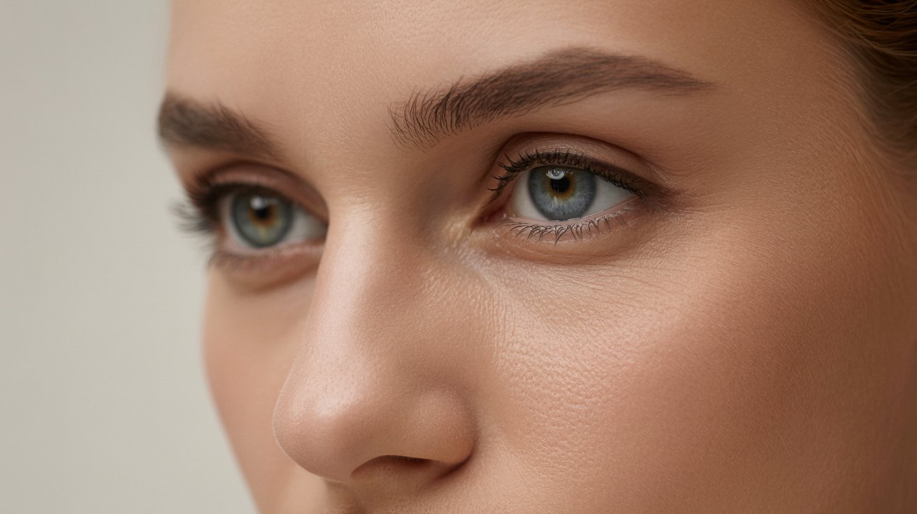 Close-up of a woman's face highlighting her striking blue eyes and soft features.