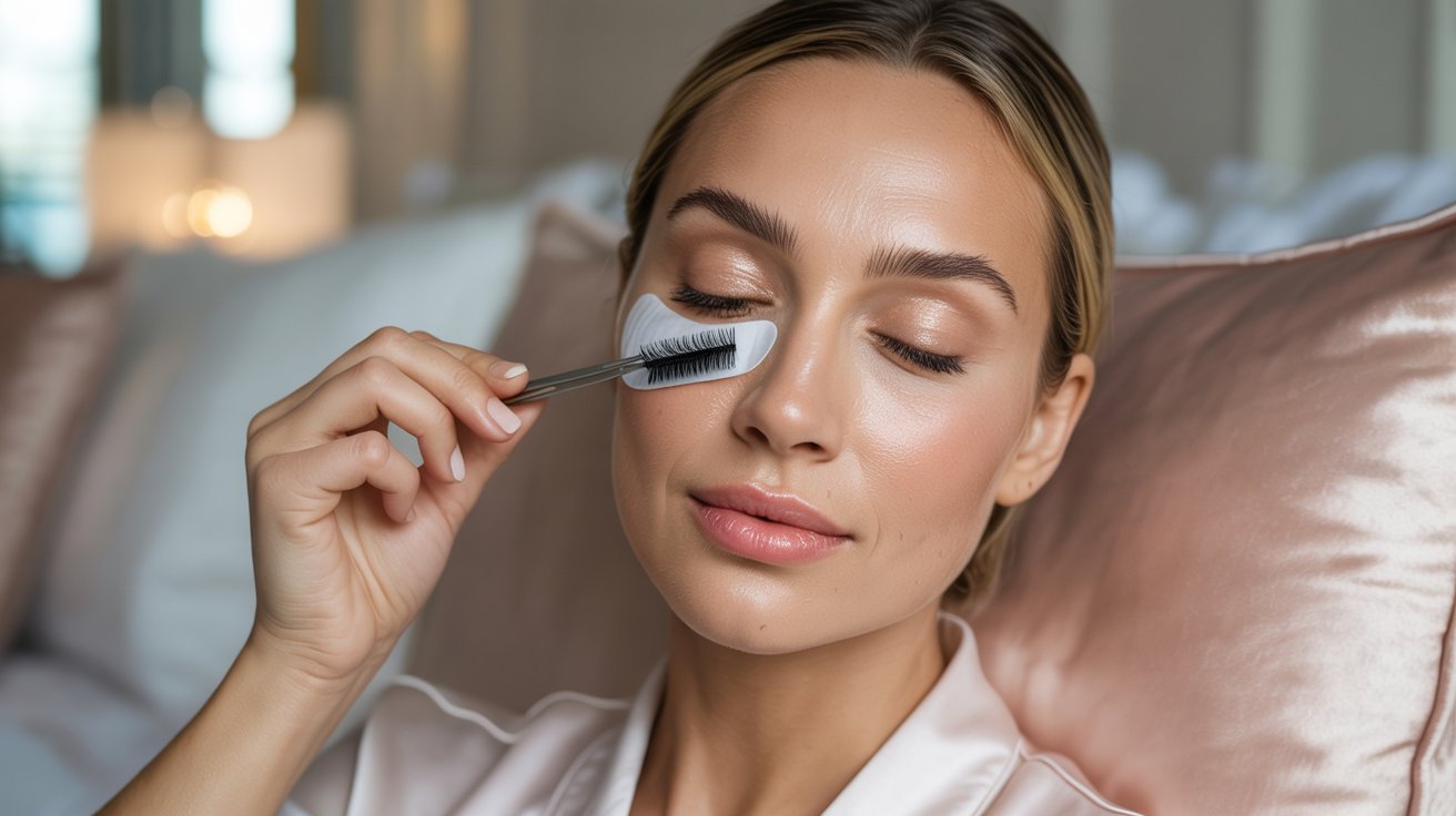 A woman carefully applies mascara to her eyelashes, enhancing her eye makeup with focused attention.