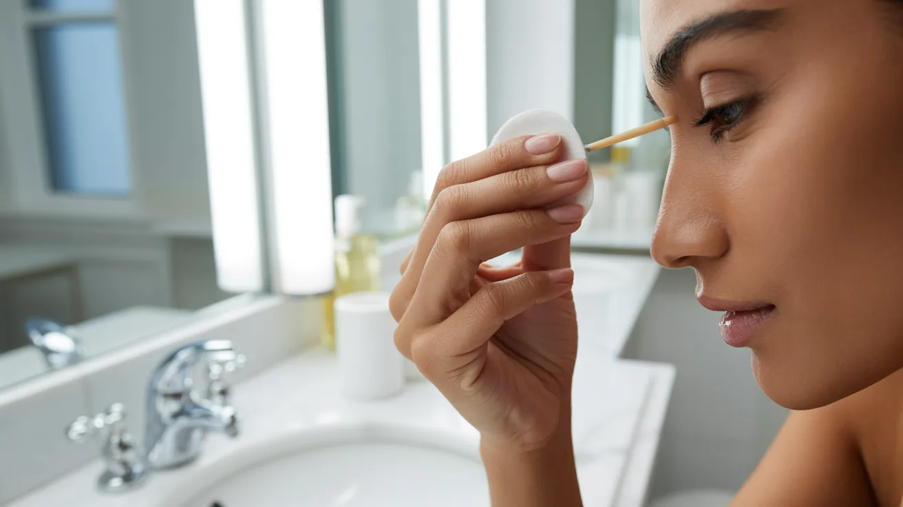 A woman applies makeup while looking into a mirror, focusing on her reflection with various cosmetics nearby.