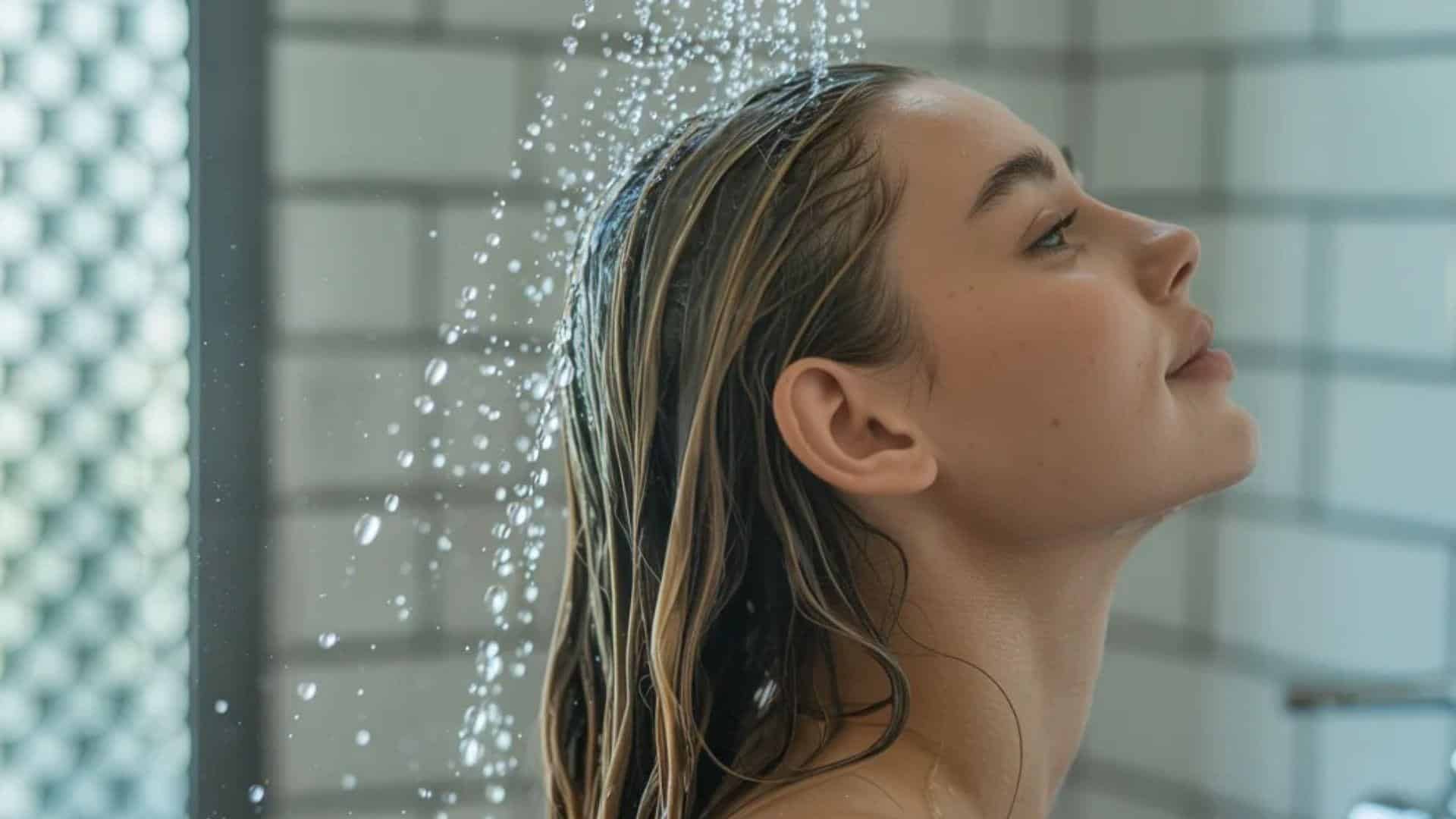 A woman stands under a shower head, water cascading down her hair and shoulders in a bright bathroom setting.