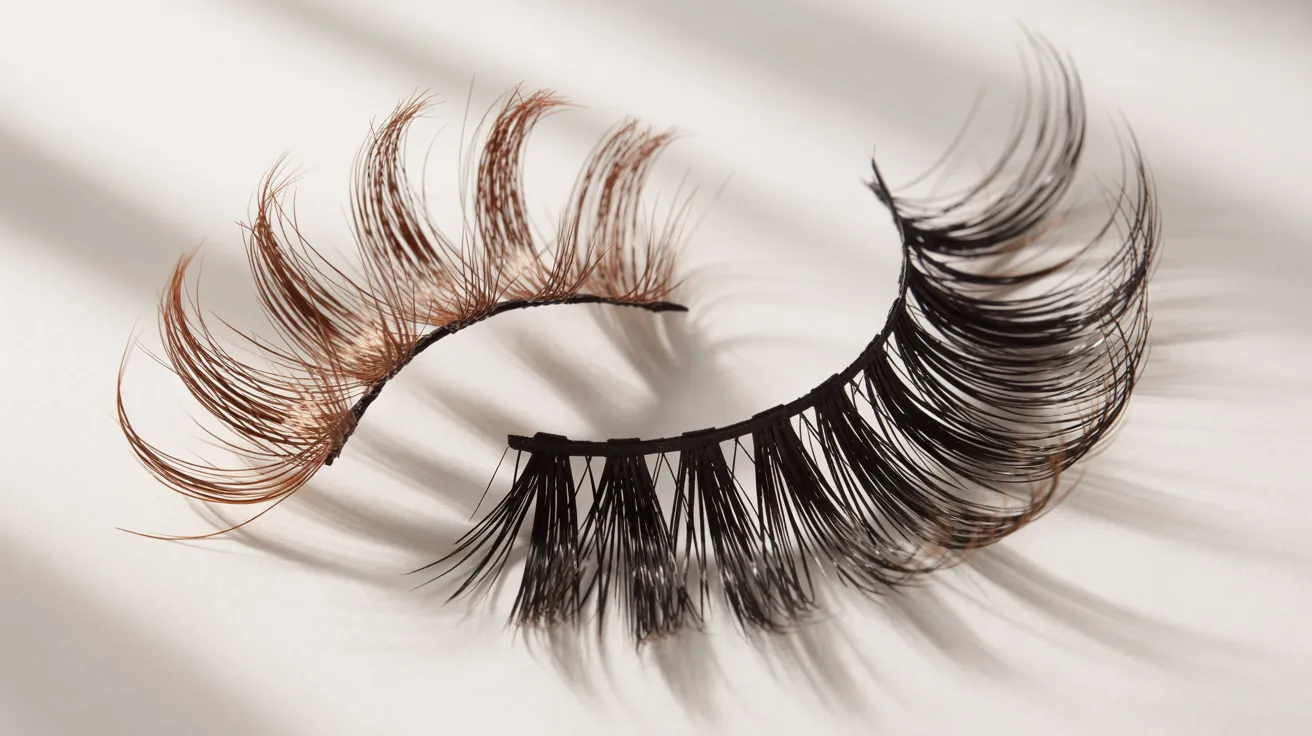 Close-up image of two false eyelashes on a light surface. One is brown and wispy, and the other is black and fuller, casting elegant shadows.