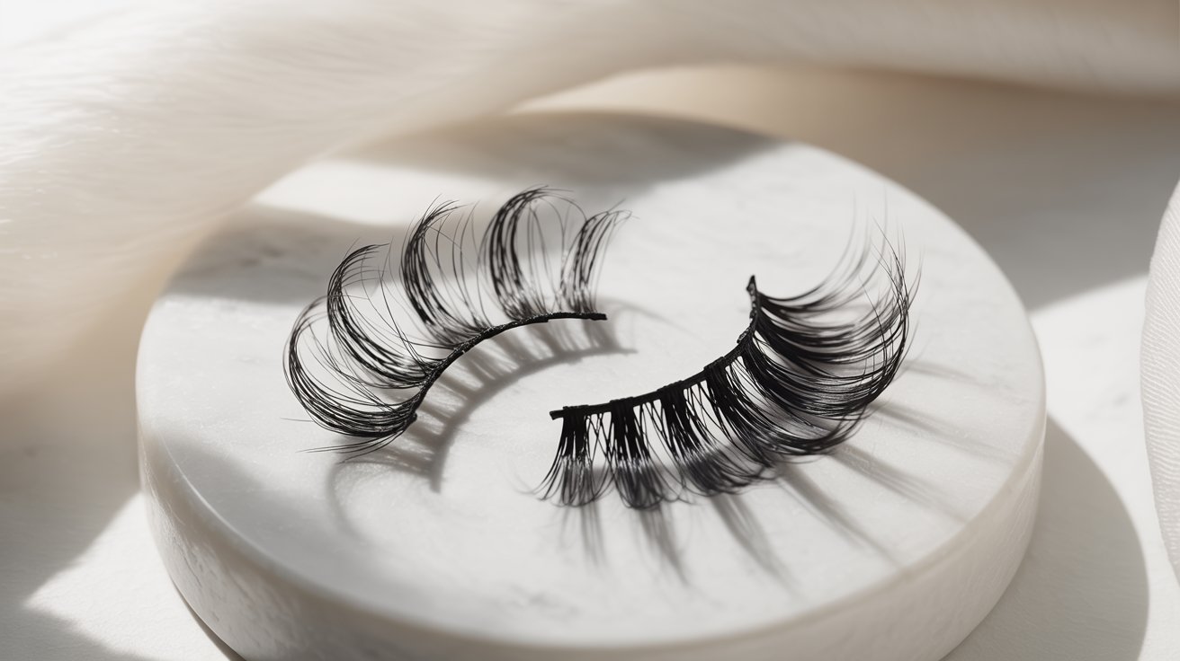 A pair of false eyelashes elegantly displayed on a white plate, showcasing their intricate design and texture.