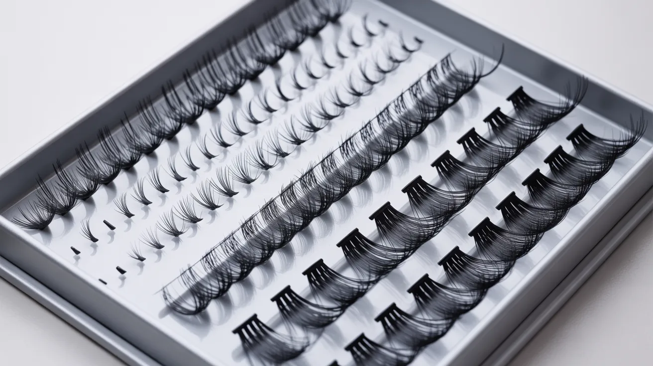 A neatly arranged set of various false eyelashes in a box, showcasing different styles and lengths. The image conveys an organized and elegant style.