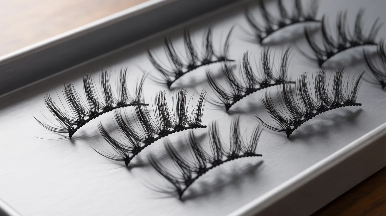 A box of false eyelashes displayed elegantly in a silver tray, showcasing various styles and lengths.