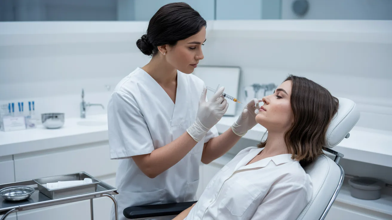 A woman receives a teeth cleaning from a dentist, who is focused on her dental care in a clinical setting.