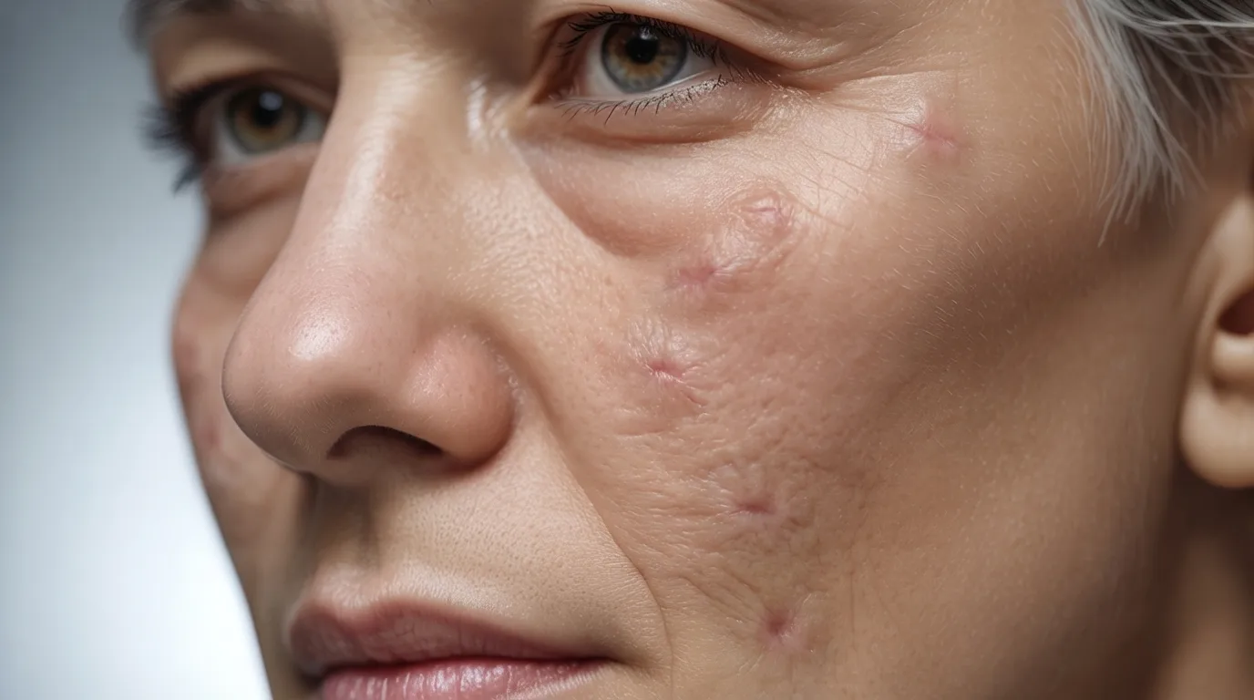 A woman with visible acne on her face, showcasing a range of skin textures and tones.